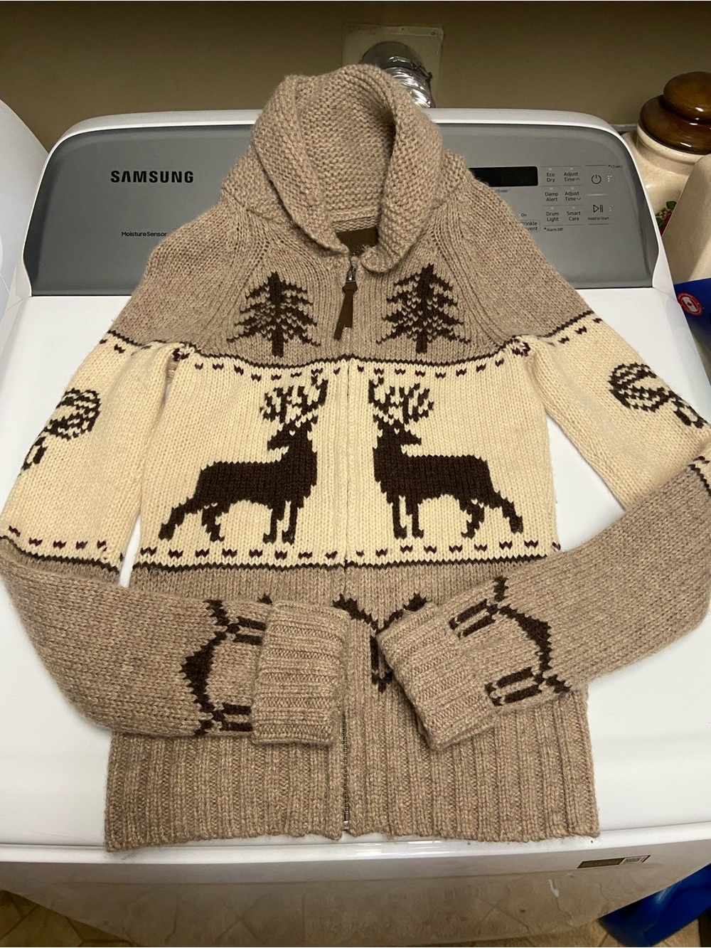TNA Cream and Brown Zip-Up wool well loved with repairs Sweater with Deer Motif